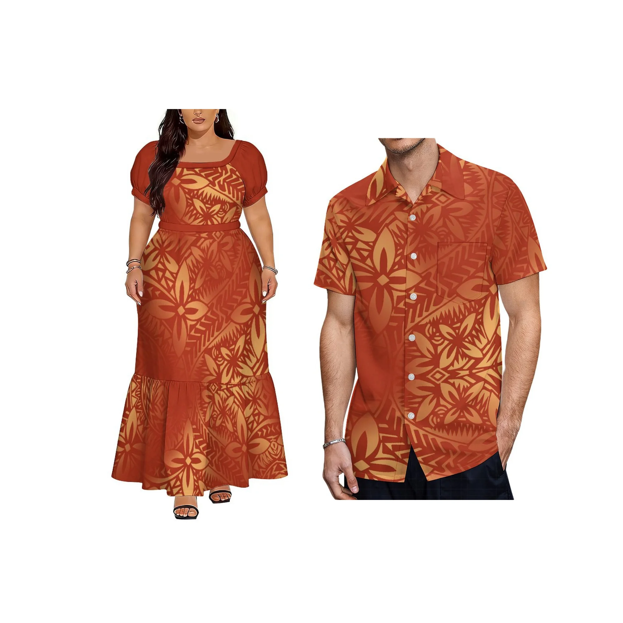 Wholesale Custom Polynesian Design Square Neck Puff Sleeve Dress Samoan Island  Ruffle Belted Dress