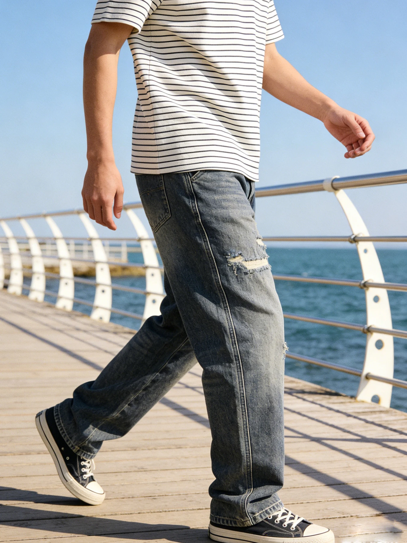 

Vintage distressed small ripped jeans for men, jogger fit, high street trendy casual versatile long pants