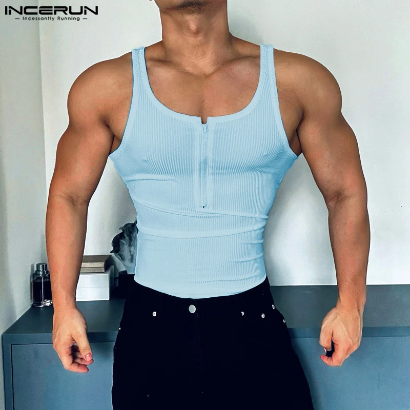 INCERUN Tops 2024 American Style Fashion New Men\'s Striped Zipper Design Vests Casual Streetwear Male Solid Sleeveless Tank Tops