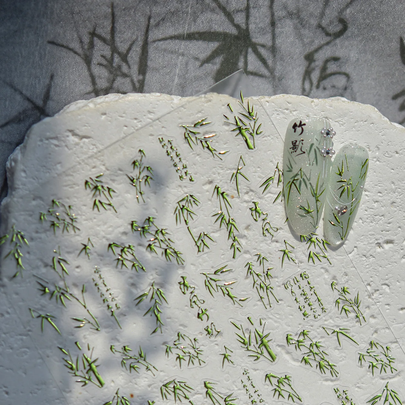 

Natural Plant Green Gold Bamboo White Black Leaves Antique Chinese Characters 5D Self Adhesive Nail Art Stickers Manicure Decals