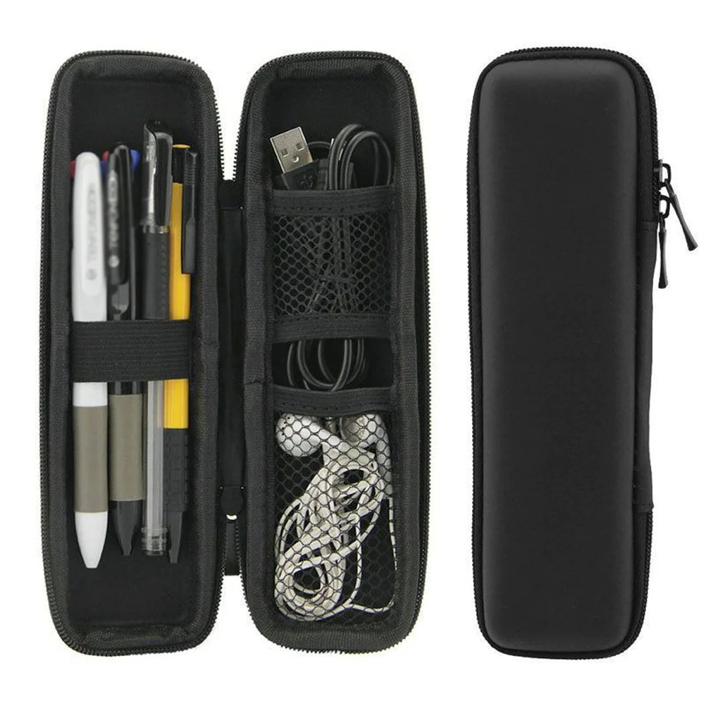 

Black Pencil Box Multifunctional Storage Bag with Double Zippers Plastic Material Mesh Pocket Elastic Strap