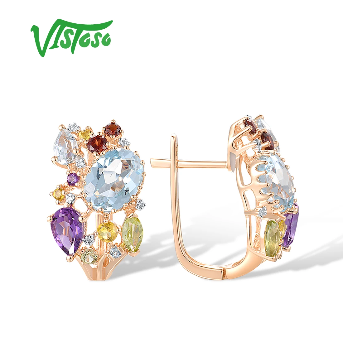 VISTOSO Real 14K 585 Rose Gold Earrings For Lady Glamorous Sparkling Diamond Muti-Color Gems Gorgeous Wedding Party Fine Jewelry