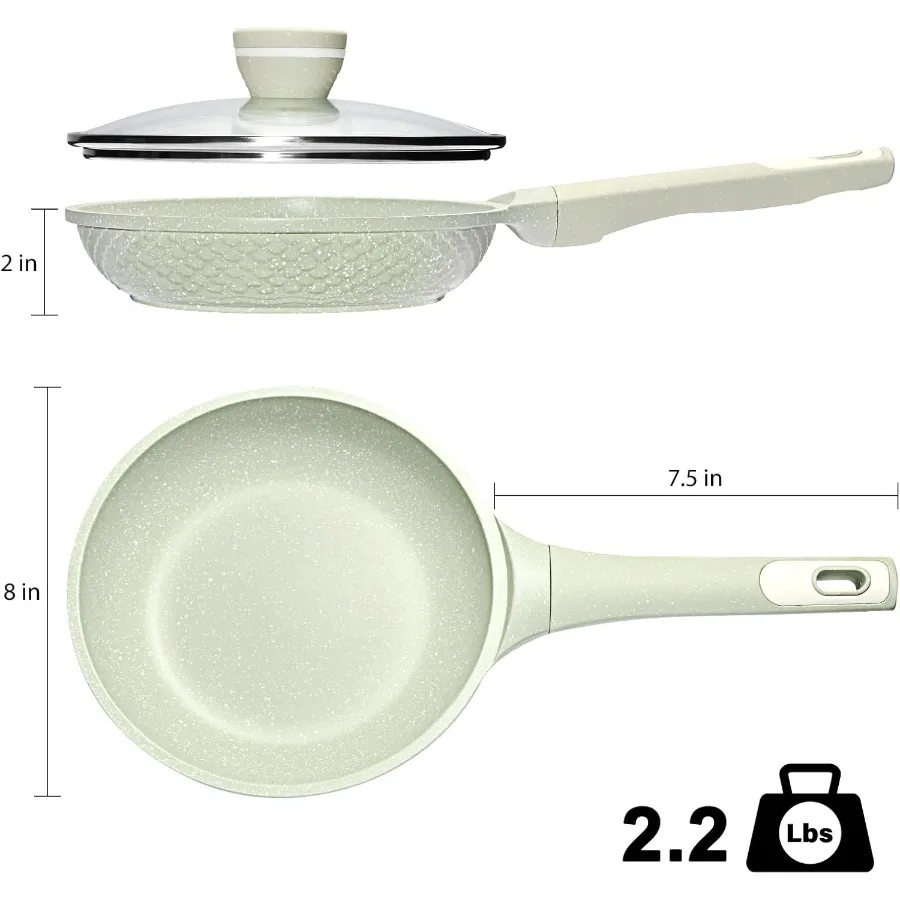 مقلاة غير لاصقة مقاس 8 بوصة مع غطاء عجة ومقلاة بيض مقلاة PFOA PFAS أواني طهي صحية مجانية جميع المواقد وغسالة الأطباق S