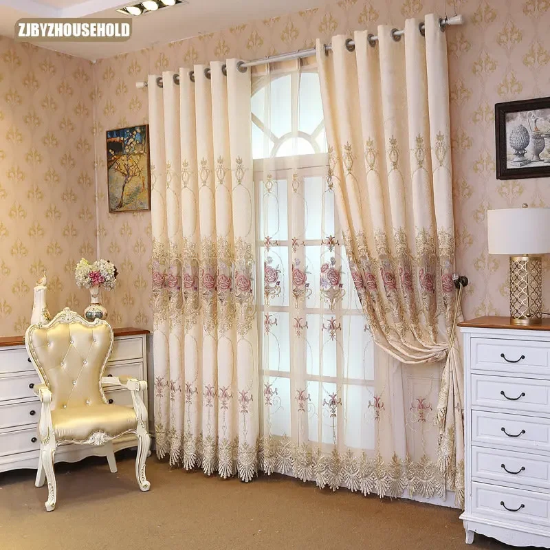 Embroidered Curtains for Living Room Chenille Window Curtain Villa for Bedroom Dining Room European American Pastoral Flowers