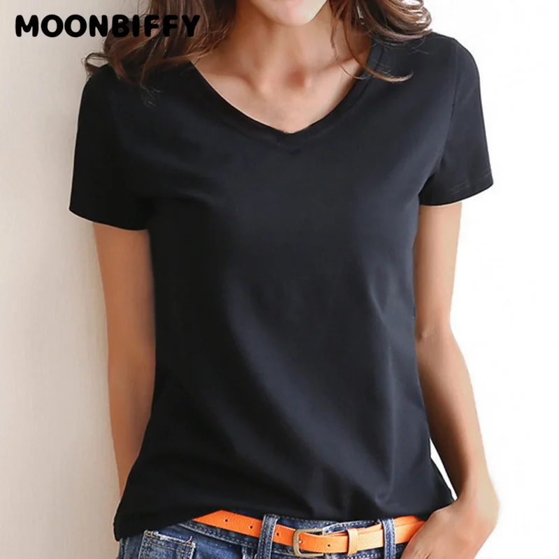 Women Short Sleeves T-shirt Bottoming Shirt Round Neck or V Neck Shirt Black White Solid Color Top Homewear T-shirt