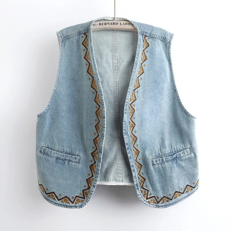 

2026 Spring Summer Jeans Tops New Vacation Style Retro Embroidery V-neck Denim Vest Women's Short Jacket Female Waistcoat