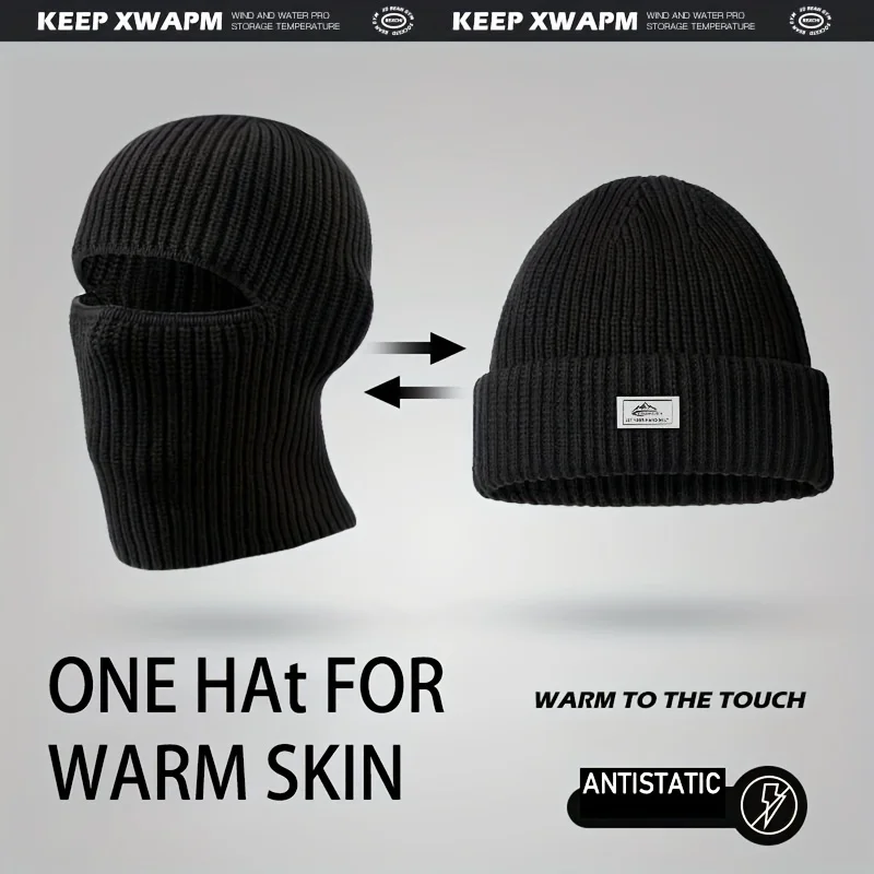 Unisex 2-in-1 Convertible Knit Balaclava Beanie Hat Winter Warm Ribbe Face Mask Windproof Antistatic Cap for Ski Cycling Outdoor