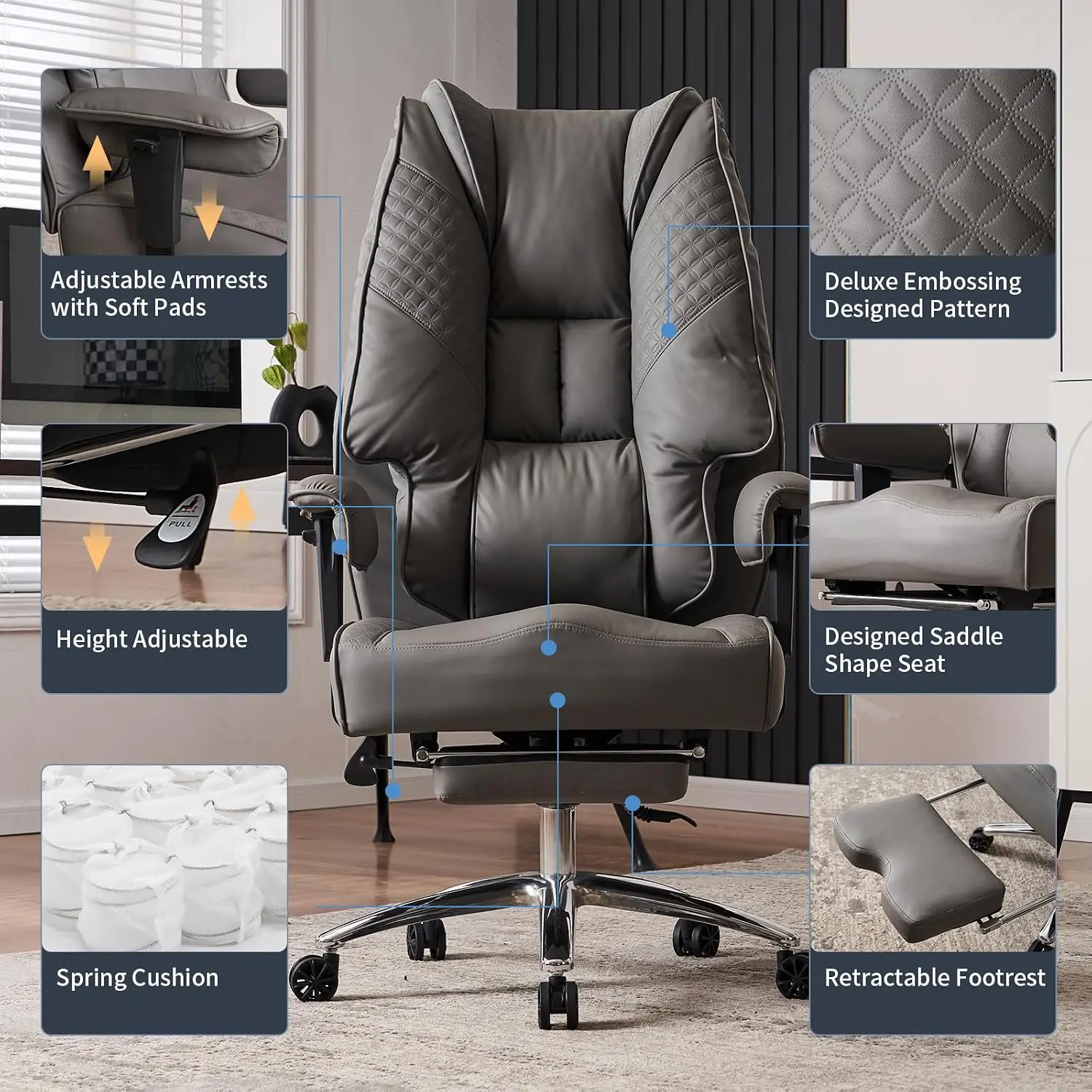 Big and Tall Office Chair 400lbs Wide Seat, Leather High Back Executive Office Chair with Foot Rest, Ergonomic Chairs Lumbar