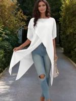 Ladies Elegant White Blouse Batwing Sleeve Asymmetrical Hem Loose Fit Tunic - Image 4