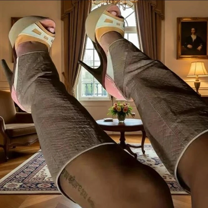 

Mixed Color Platform Knee High Boots Stiletto Heels Brown Orange Snakeskin Patchwork Cutouts Long Boots