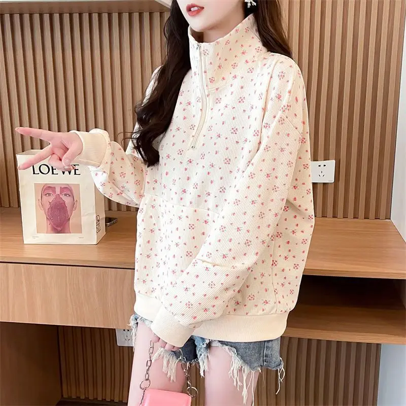 Small Fresh Floral Polo Collar Half Zipper Thin Sweatshirt Women Trendy Waffle Top