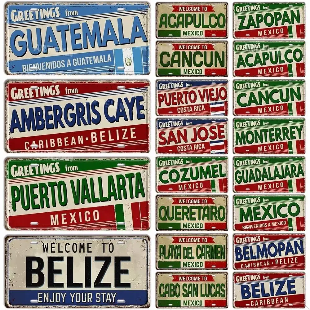 Central America Vintage License Plate Metal Tin Sign, Greetings From Belize Costa Rica El Salvador Retro Bar Garage Decor