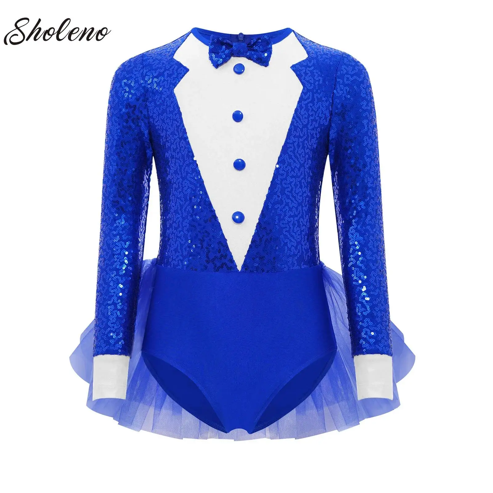 

Kids Girls Sequins Latin Jazz Dance Costume Long Sleeves Tuxedo Tulle Skirted Leotard for Gymnastics Ballet Stage Dancewear