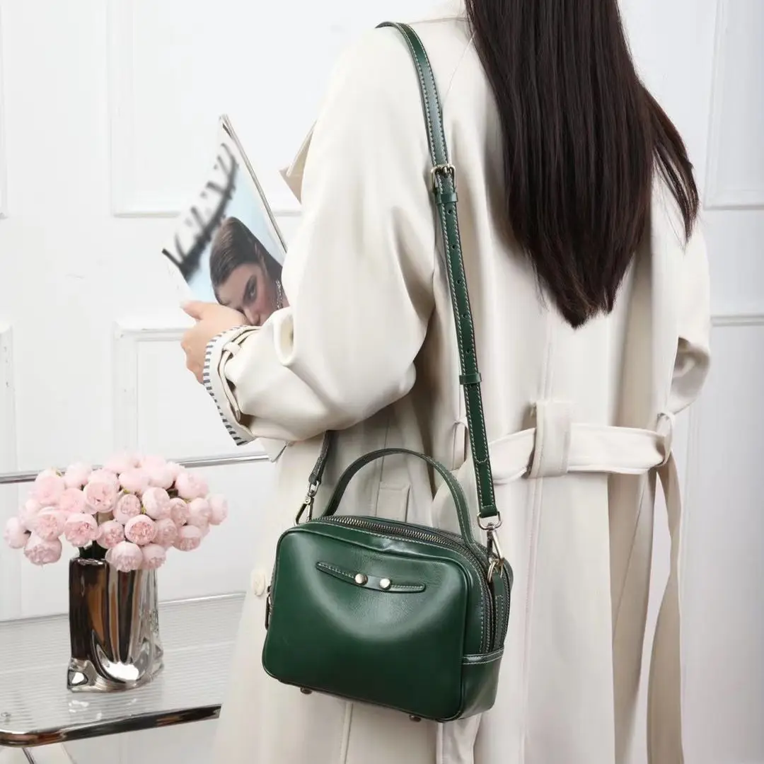 Sac à bandoulière en cuir véritable pour femme, sac à main à double fermeture éclair, poches principales, petit sac carré en cuir de cercle couche supérieure pour femme