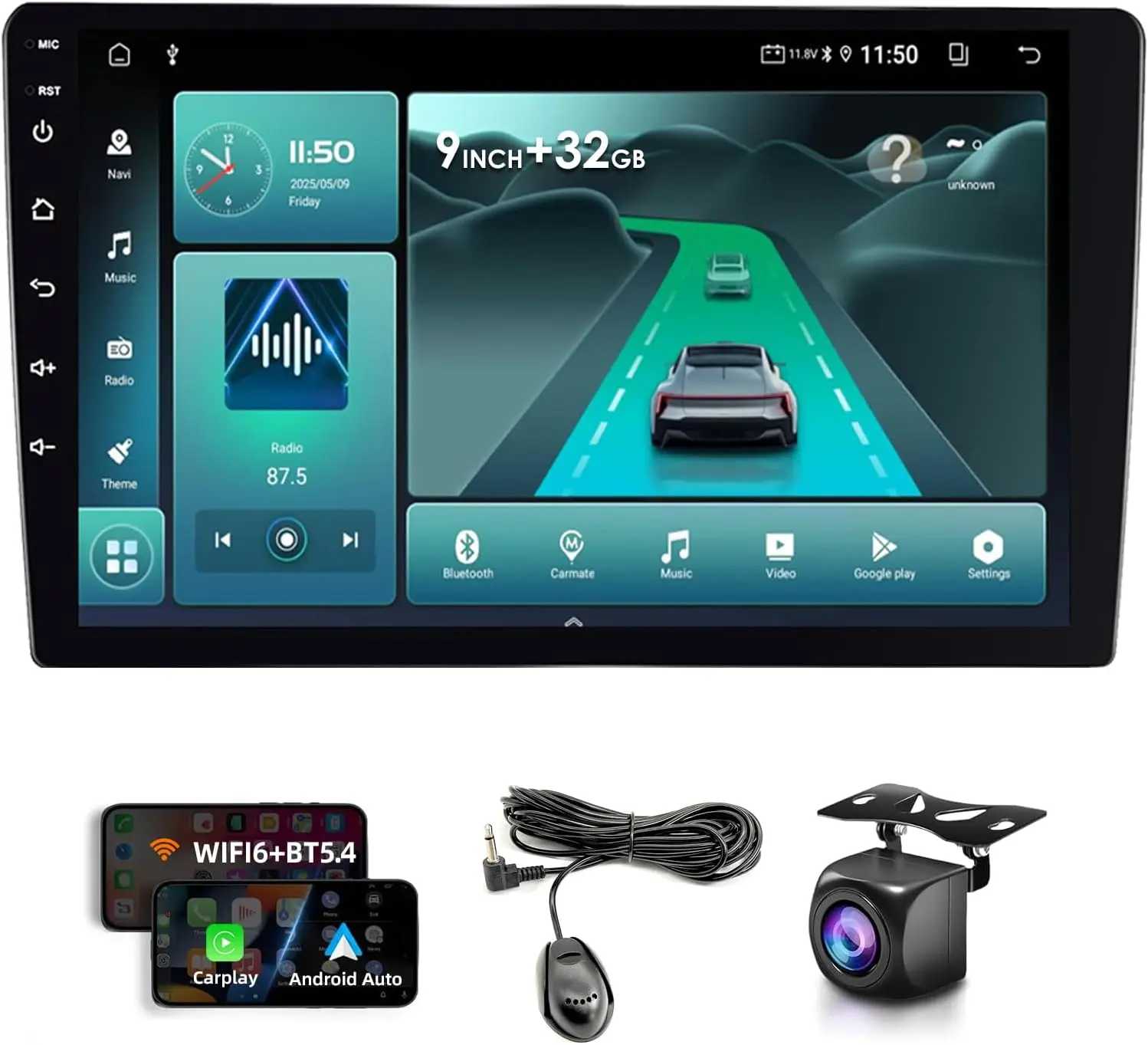 

9' Wireless CarPlay & Android Auto Double Din HD Touchscreen with Backup Camera, Bluetooth 5.4, GPS, Radio, Universal Fit (32GB)