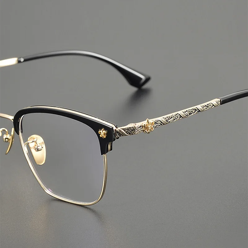 

High Quality Luxury Pure Titanium Frame Carved Business Semi Frameless Glasses Anti Blue Light Prescription Color Changing Frame