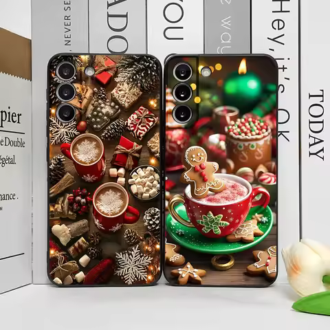 A Christmas Decoration Hot Coffe Cup Pattern Phone Case for Samsung Galaxy S25 S24+ S23 Ultra S22 Plus S21 FE M53 M55 Soft Cover