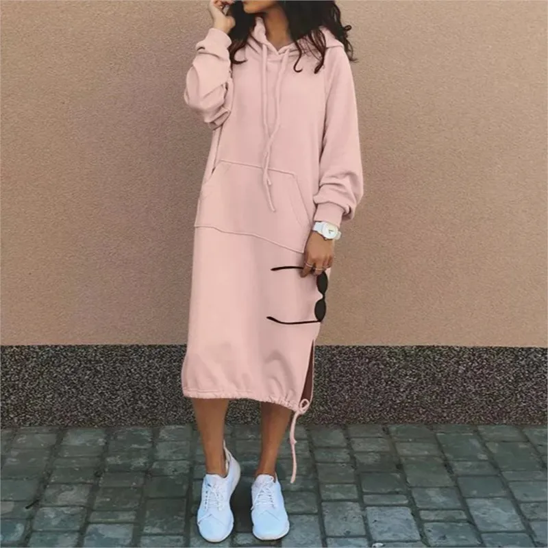 

Fashion Warm Hoodie Long Dress 2025 Autumn Winter Long Sleeve Solid Simple Loose Pocket Drawstring Hoodie Casual Female Robe