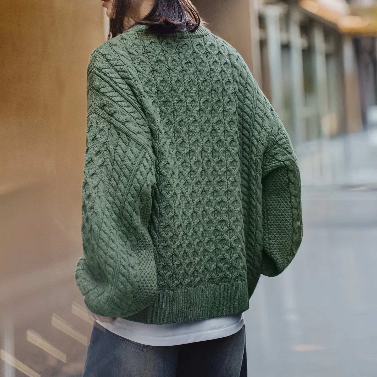 

Maden Женский свитер в ретро-стиле зелёного цвета, толстая вязаная кофта с круглым вырезом и узором «косы», свободного кроя, тёплая, осень-зима