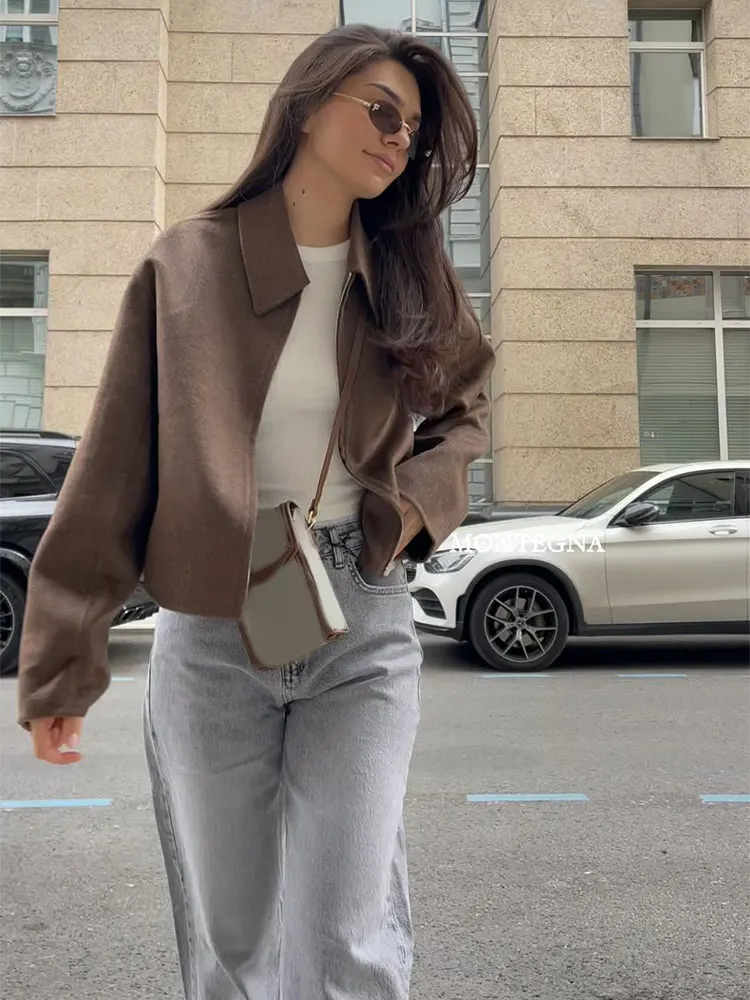 Woman\'s Solid Color Lapel Woolen Jacket Chic Zipper Long Sleeved Short Coat Lady 2024 New Design Casual Commuting Jacket ﻿ ﻿