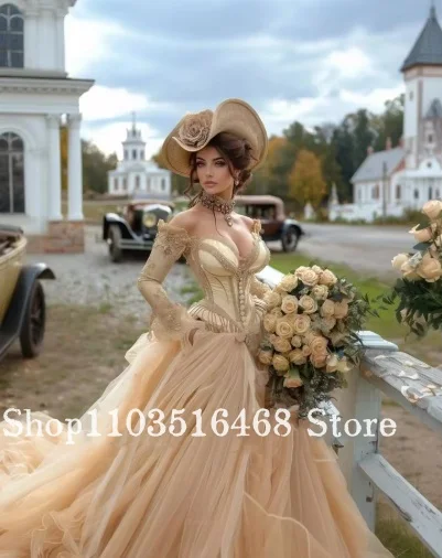 Luxurious Champagne Coloured V Neck Medieval Wedding Dress Elegant Beaded Lace Embroidery A-Line Pleated Bridal Gown Customized