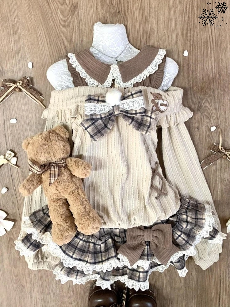 

2026 New Japanese Sweet Kawaii 2 Piece Set Women's Y2k Lace Collar Tops + Plaid Cake Skirt Harajuku Casual Warm JK Lovely Outfit