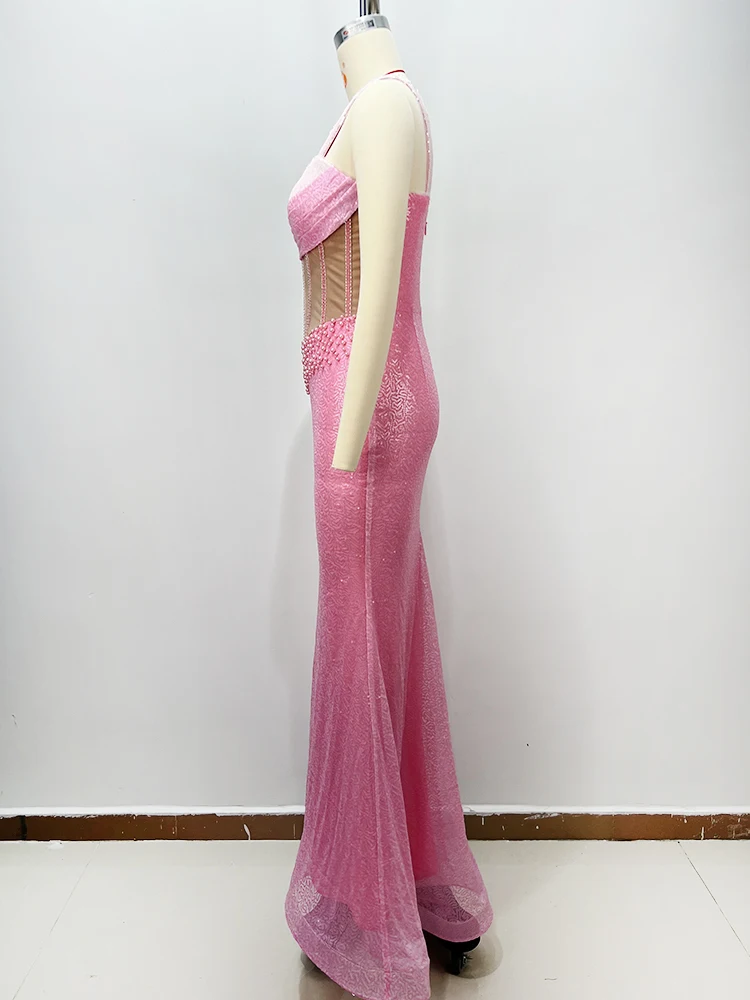 VC romantique rose paillettes et perles à bretelles maille transparente robe sirène à bretelles pour rendez-vous nuit robe Galas