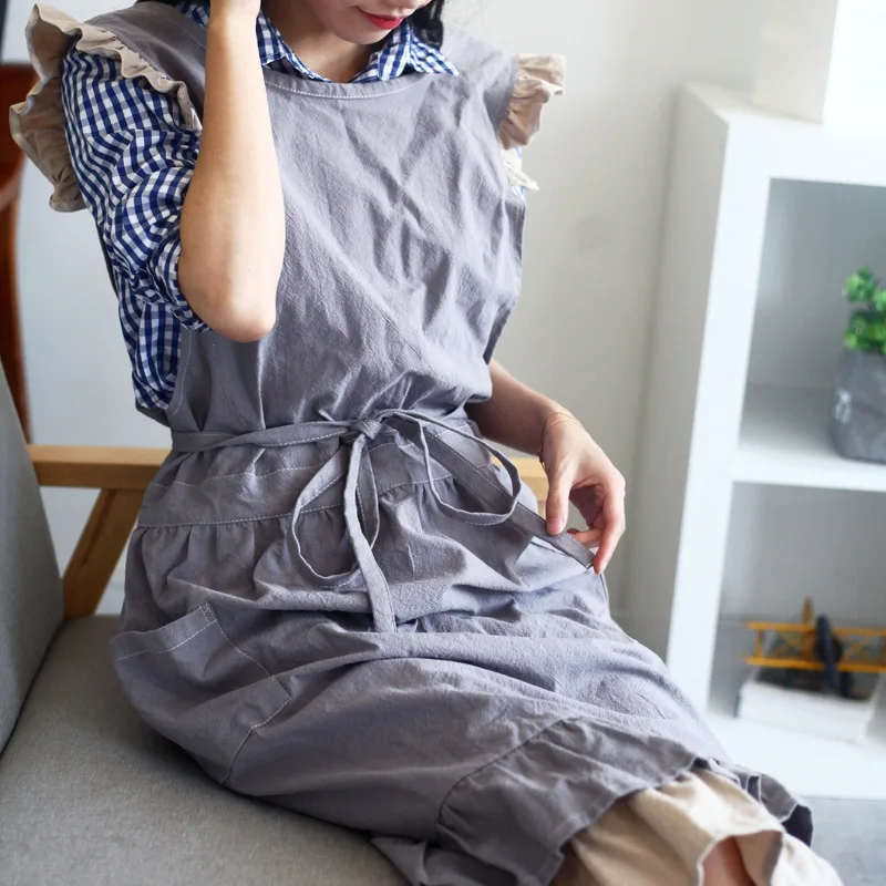 レトロなツートーンのフリル付き田舎風コットンとリネンのエプロン、女性用かわいいガーデニング作業服 H1