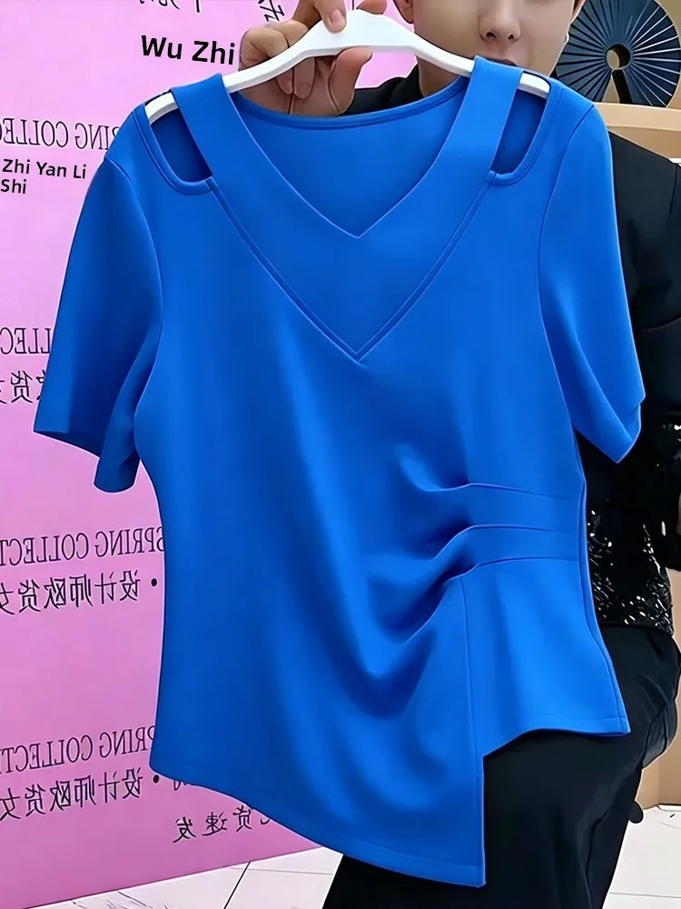 Klein Blue Women's T-shirt V-neck Hollow Short-sleeved Summer New Design Sensation Pleated Slimming Charming Top Casual Style