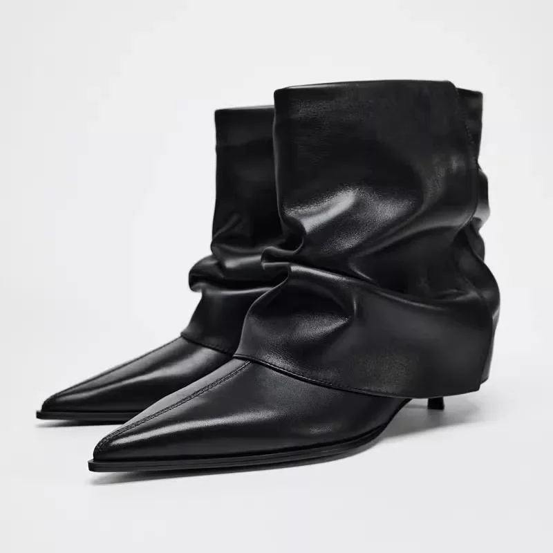 Leather Designer Women Kitten Heel Boots Black Sexy Pointed Toe High Heels Short Boots Ladies Winter Pleated Women Ankle Boots