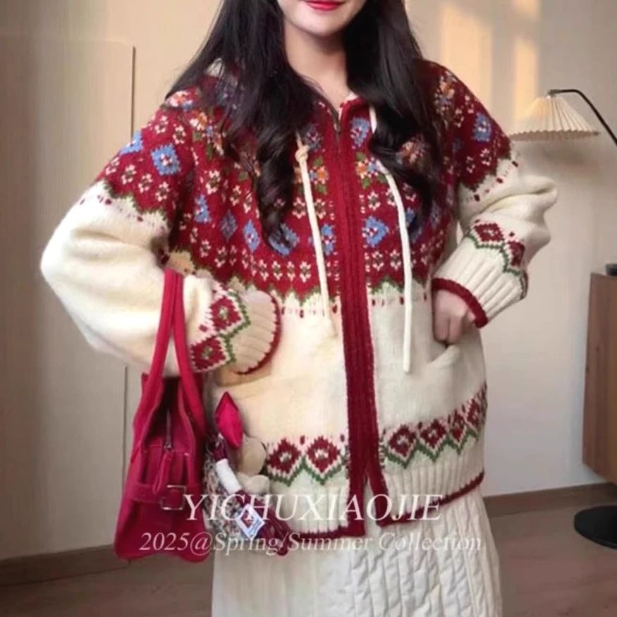 

Women Coats Cardigan Sweaters Jackets Hooded Zipper Print Floral Jumpers Y2k Streetwear Elegant Work Knit Autumn Winter 2025
