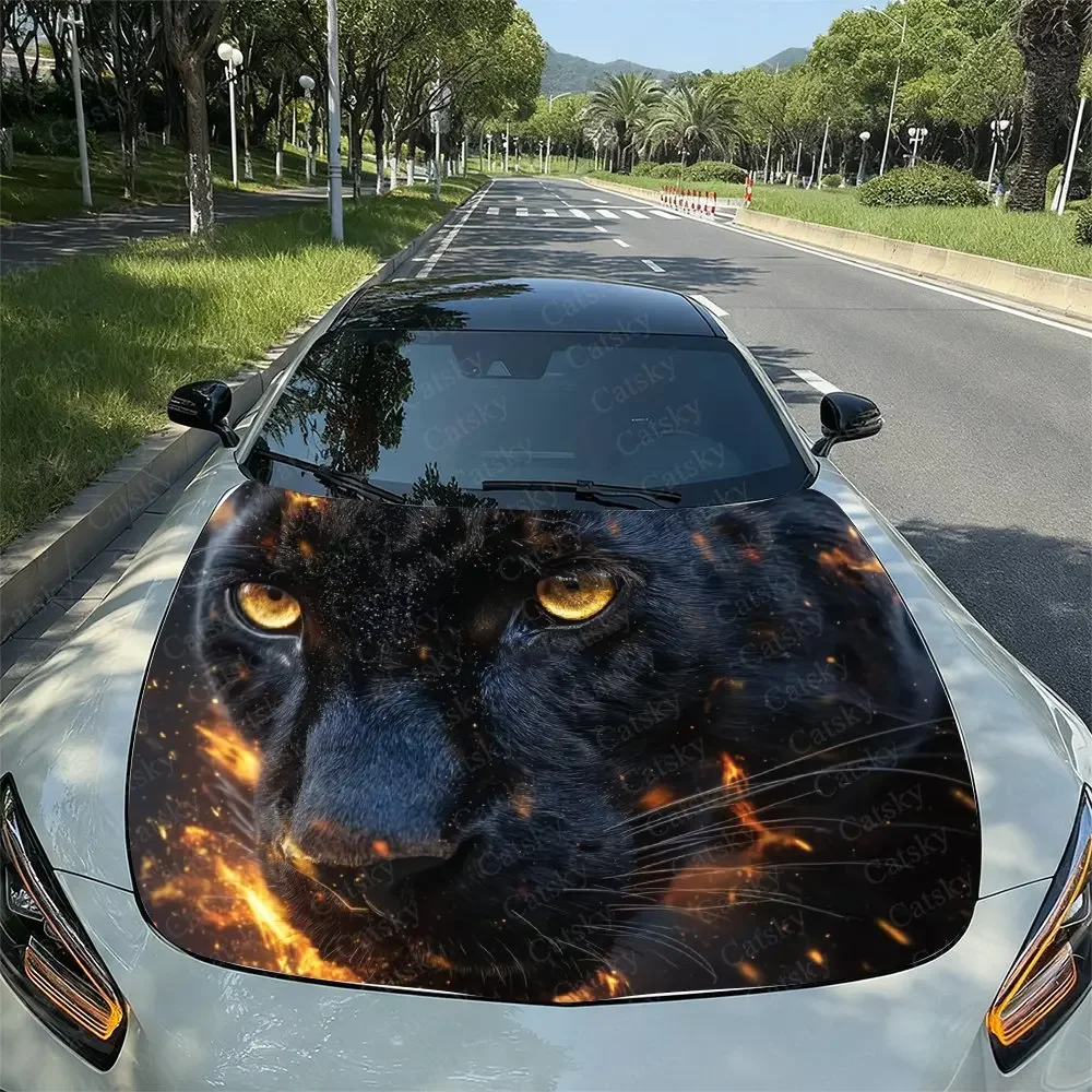 Black Panther With Golden Eyes Car Hood Vinyl Wraps, PVC Waterproof Car Bonnet Decals, Self-Adhesive Scratch-Resistant Stickers