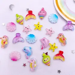 50pcs Resin Mini Colorful Mermaid Tail Shell Starfish Seahorse Conch Flatback Cartoon Figurine Nail Art DIY Scrapbook Crafts OL8