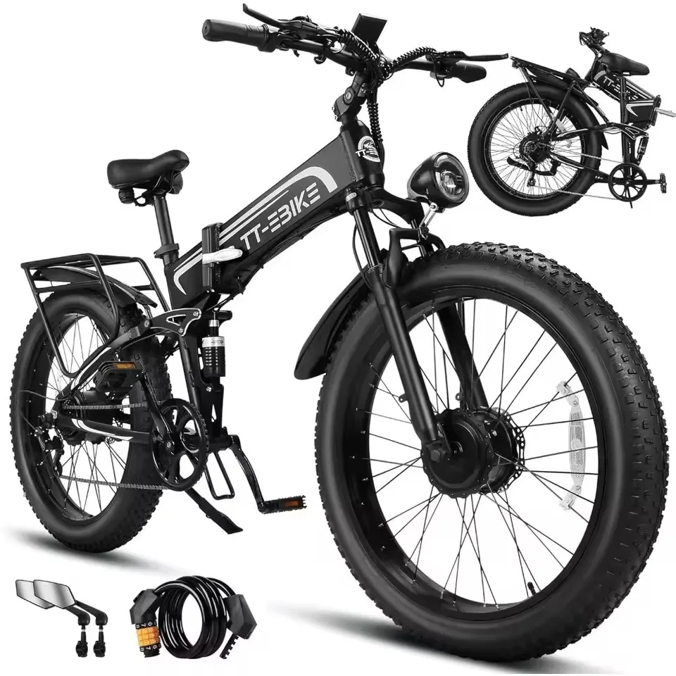 

Dual:4350W Electric Bike 40 MPH with 52V 28AH Battery, 26 inch Fat Tire Mountain E Bike, Full Suspension Folding Ebike,7-Speed