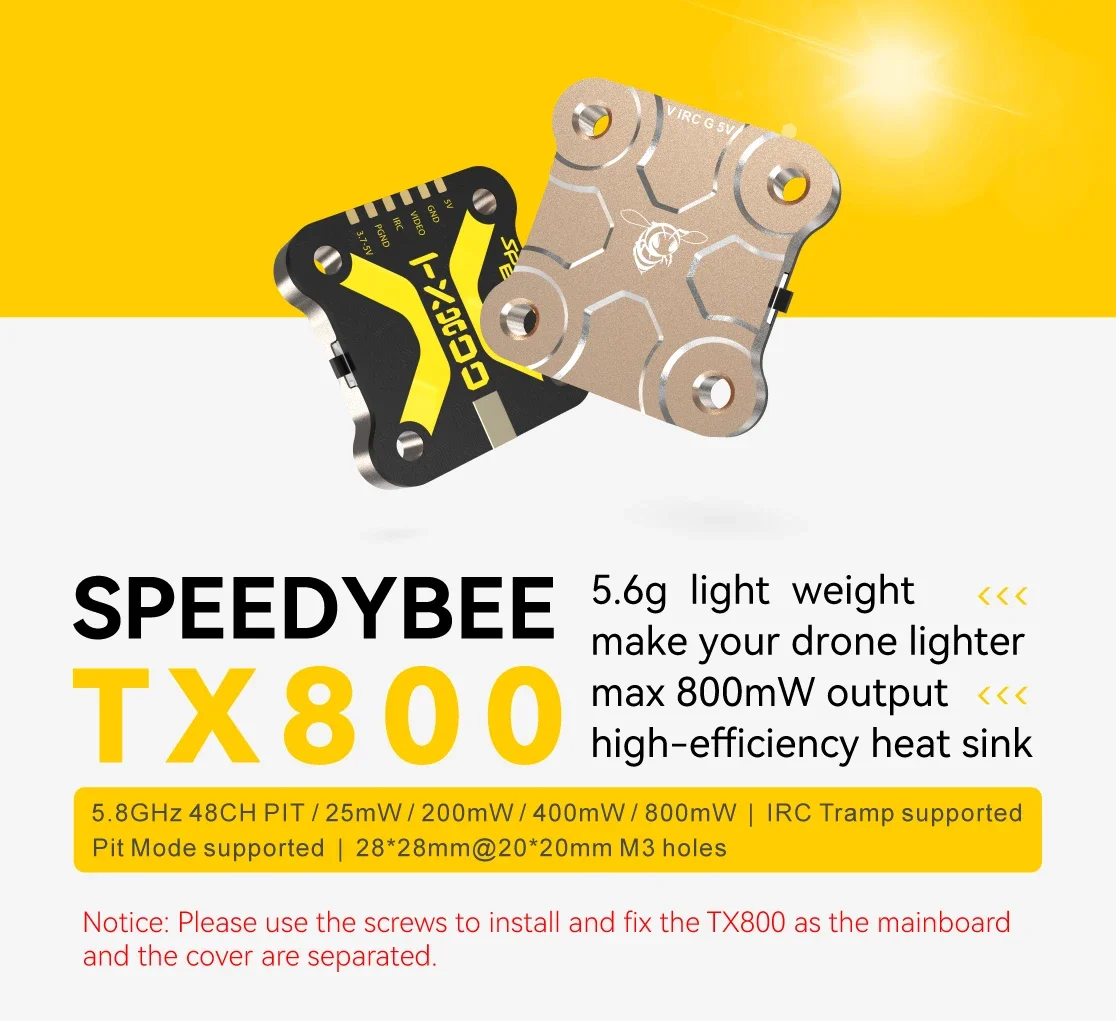 AvaCoreSpeedyBee TX800 VTX with MMCX Antenna Output PitMode 25mW/200mW/400mW/800mW Transmitter For RC FPV Racing Drone