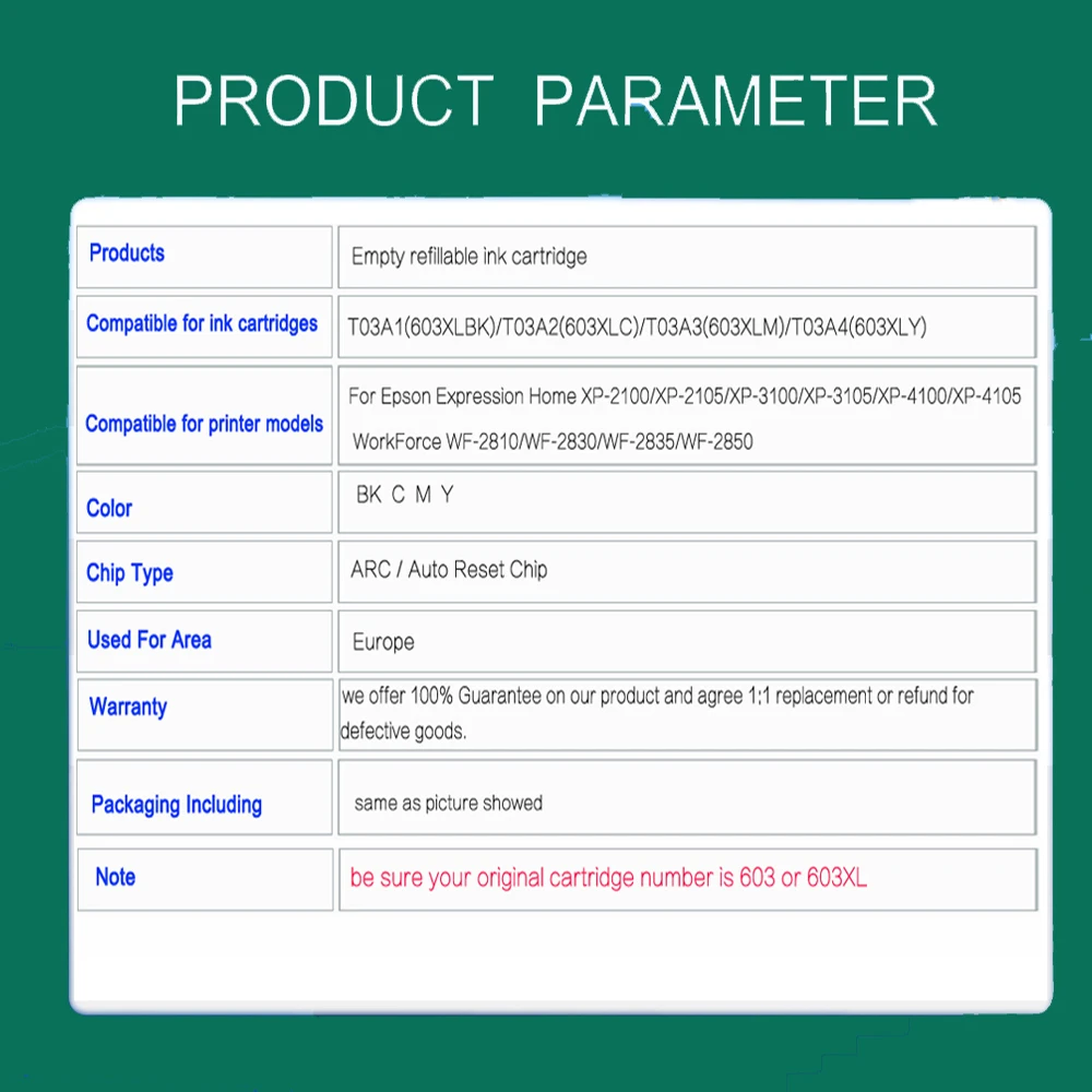 T603XL 603XL Refillable Ink Cartridge ARC chip For Epson T603 XP2100 XP2105 XP3100 XP3105 XP4100 XP4105 WF2810 WF2830