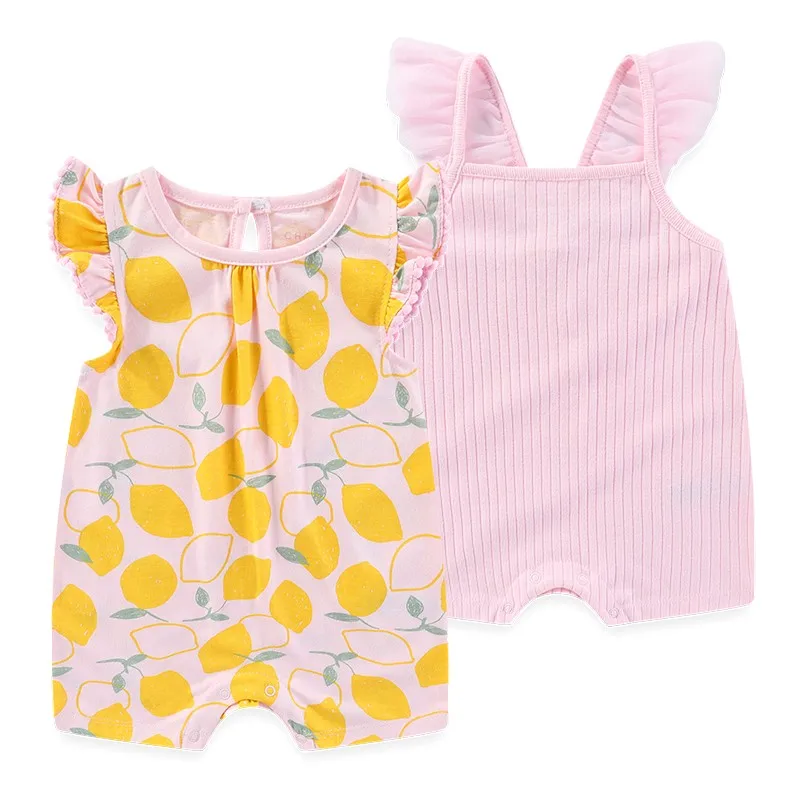 Fetchmous 2 Pieces Unisex Newborn Baby Spring Summer Rompers 0-9Months Baby Boy Girl Short Sleeve Print Clothes