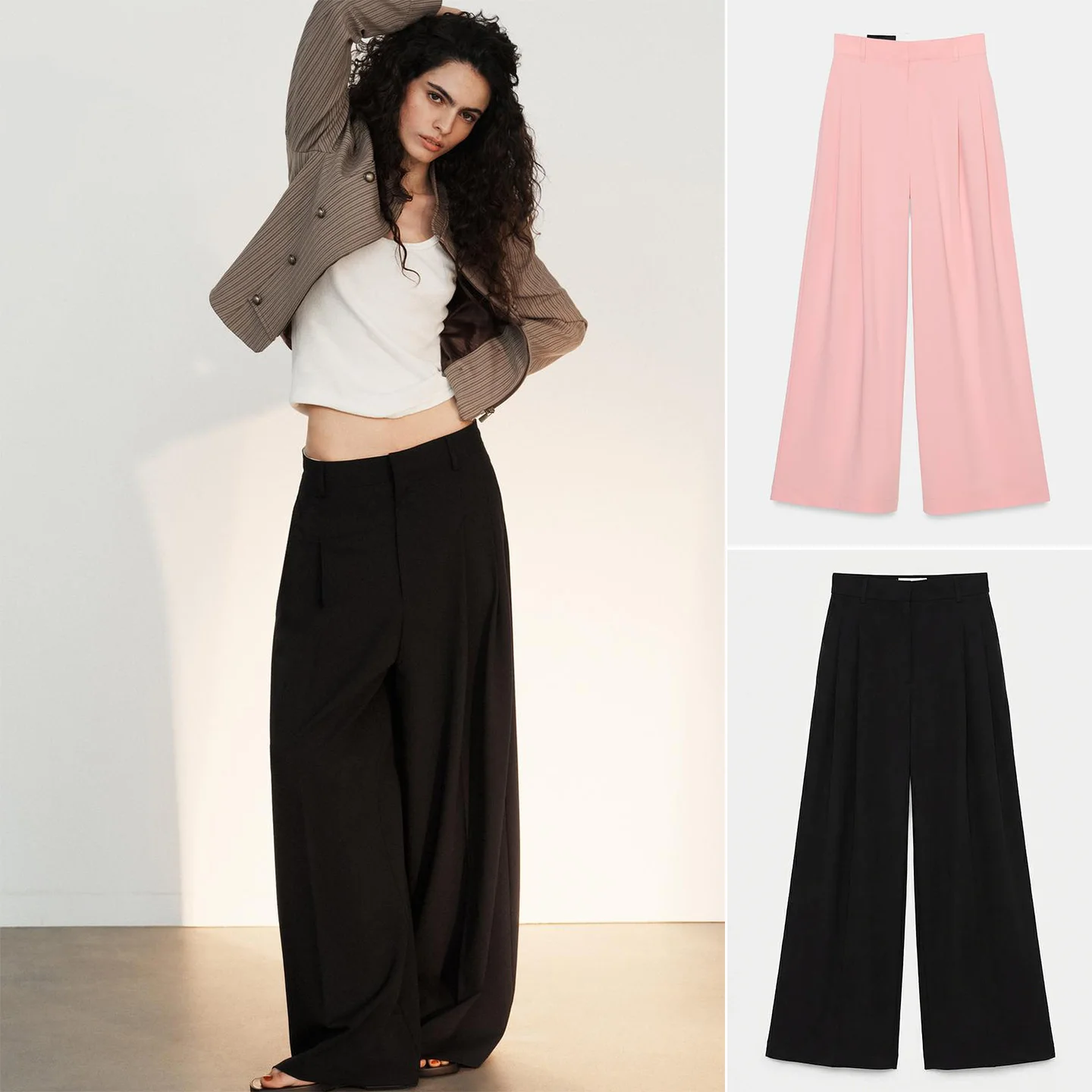 

Spring New Women's Casual Wide Leg Long Folded Pants Commute Sle mid Waist Loose Fit Trousers for Ladies Polyester Fiber