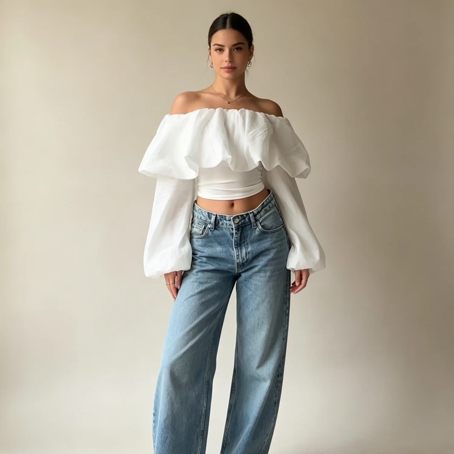 

LIMO 2026 New Off Shoulder Long Sleeve Blouse Ruffle Trim Sheer Chiffon Crop Top for Women