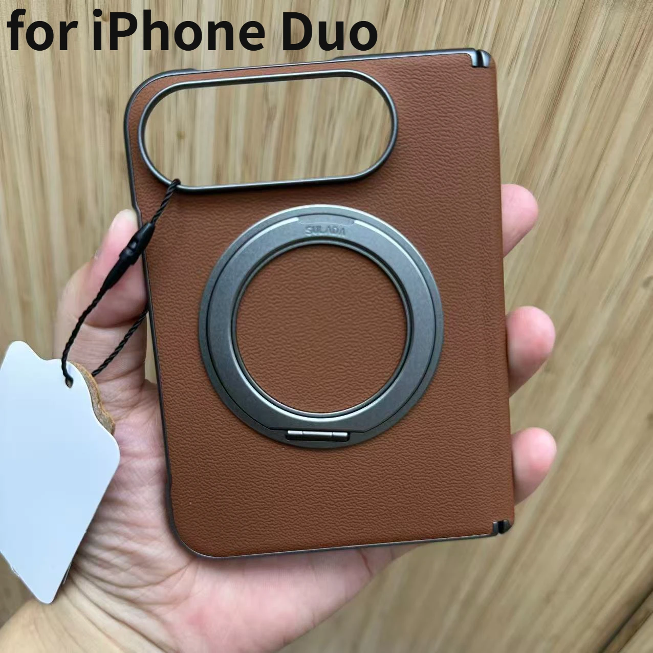 Business luxury magnetic leather hinge back cover phone case with 360 ° rotatable ring bracket for iPhone Duo