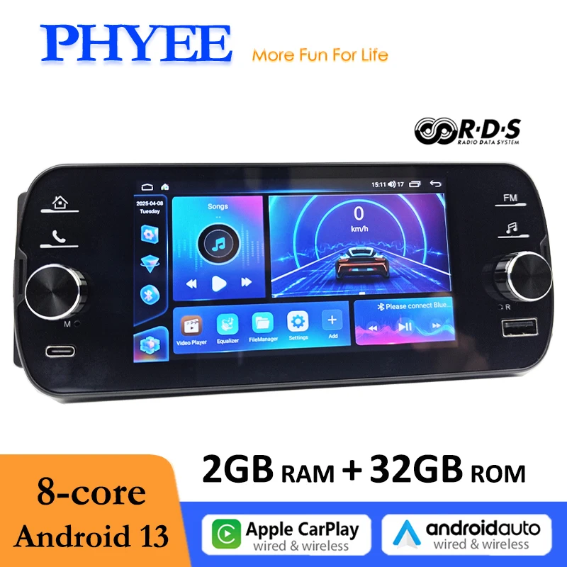 

PHYEE 1 Din 5 inch Andorid Car Radio F5005 with GPS Navigation, Wireless Carplay, Android-Auto, BT Wifi, 4G, FM RDS, Touchscreen