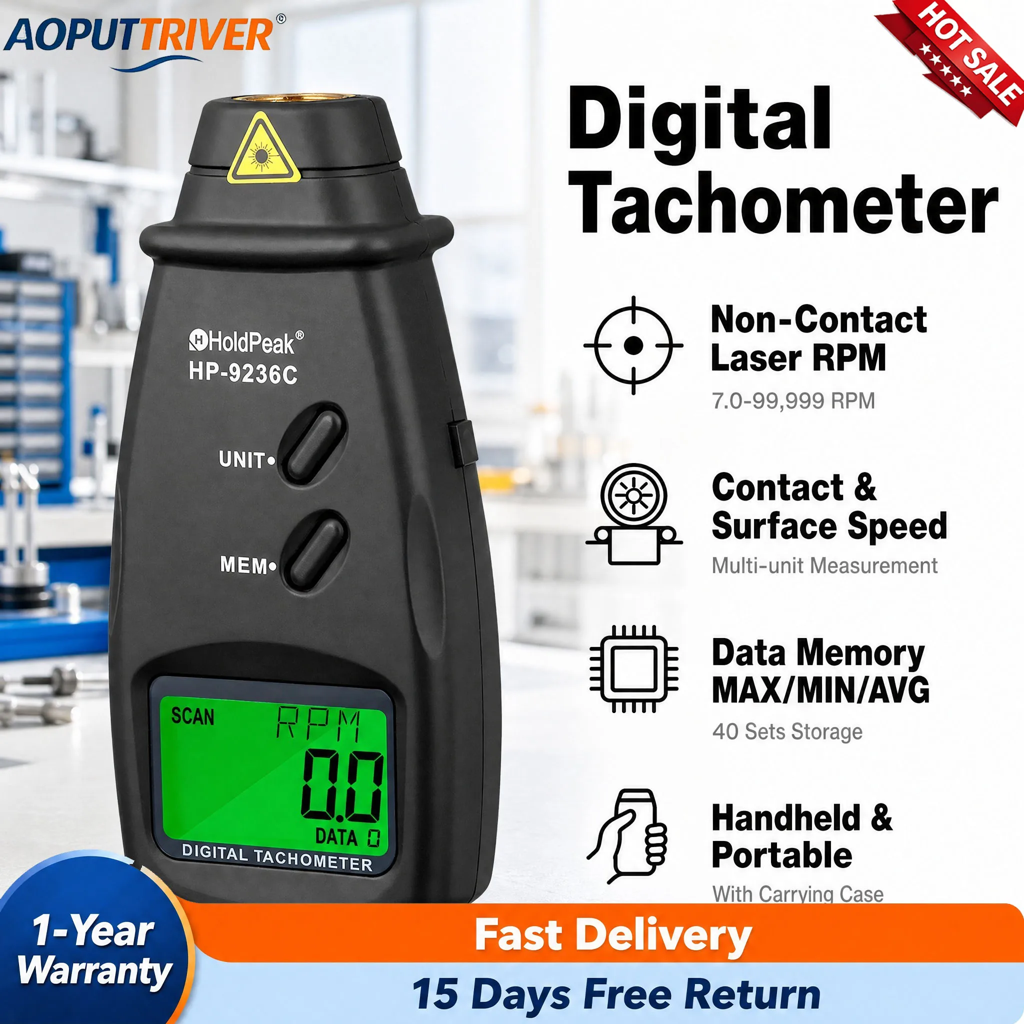 Digital Handheld Laser Tachometer Non-Contact RPM Meter Contact Surface Speed Length Measurer with MAX/MIN/AVG Data Storage