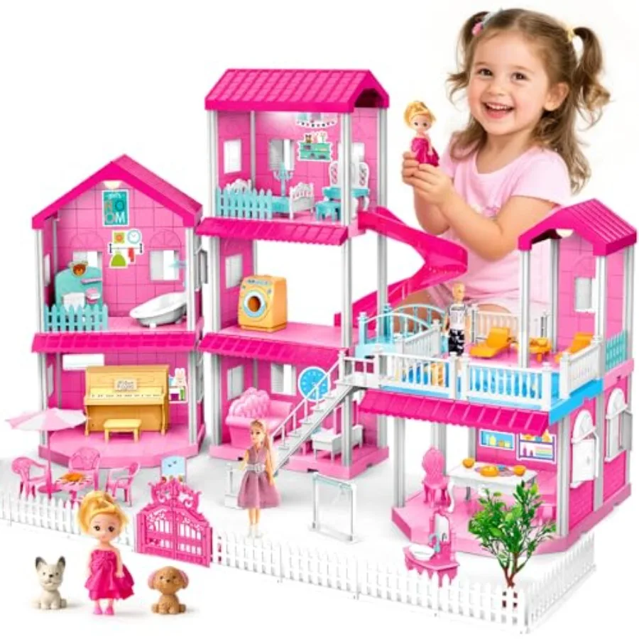 

Pink 3-Story Doll House Playset with Light for Girls Includes 3 Dolls Pool Slide Furniture and Accessories Pretend Play Toy for