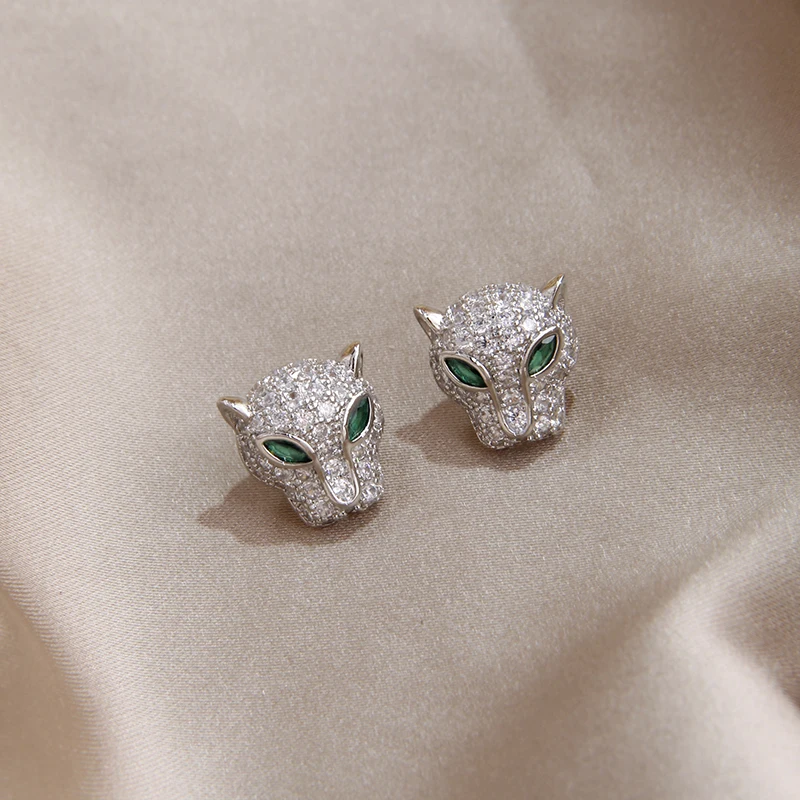 Fashion Brand Jewelry Crystal Leopard Stud Earrings Luxury Zirconia Animal Earrings for Women