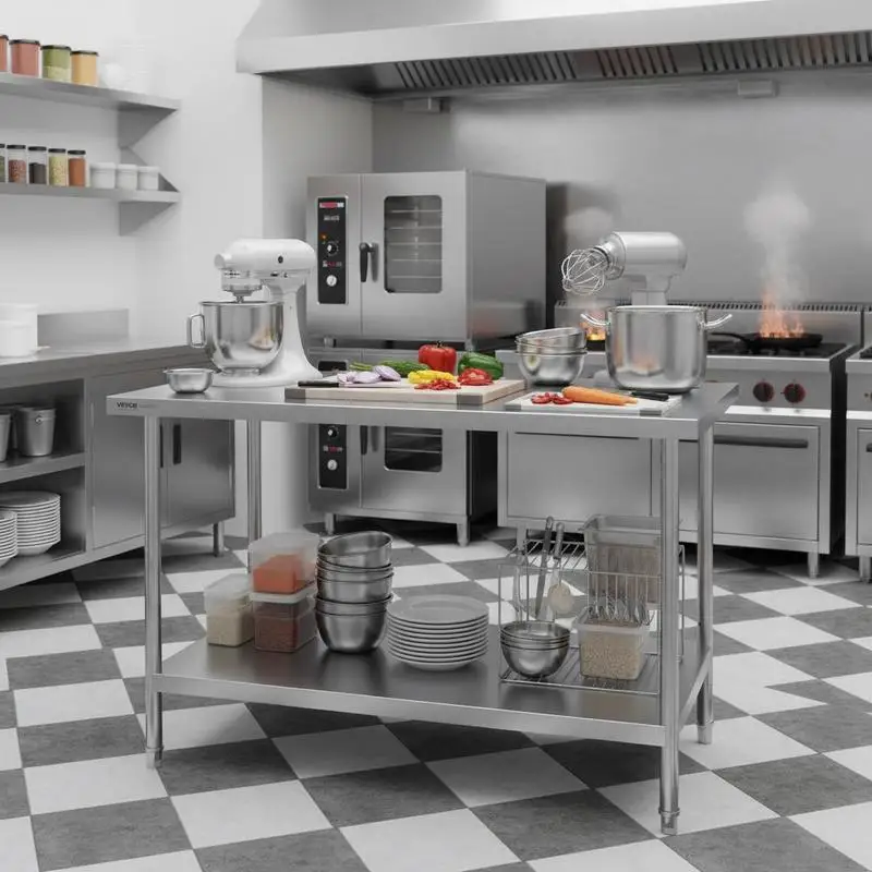 Table de préparation en acier inoxydable, table de travail en métal avec 3 niveaux de hauteur réglables, poste de travail commercial pour cuisine, garage, restaurant, cour arrière 762 x 1219 x 864 mm