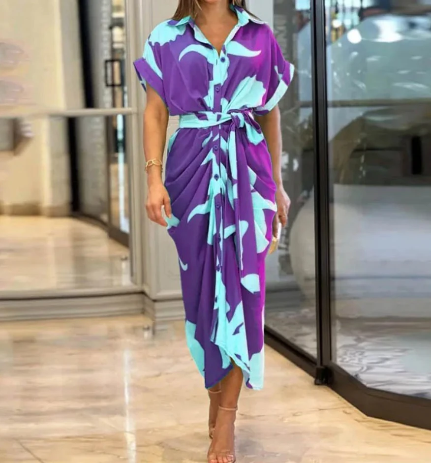 High Waisted Lady Shirt Dress for Women Clothing Summer Classic Casual Slim Short Sleeve Women