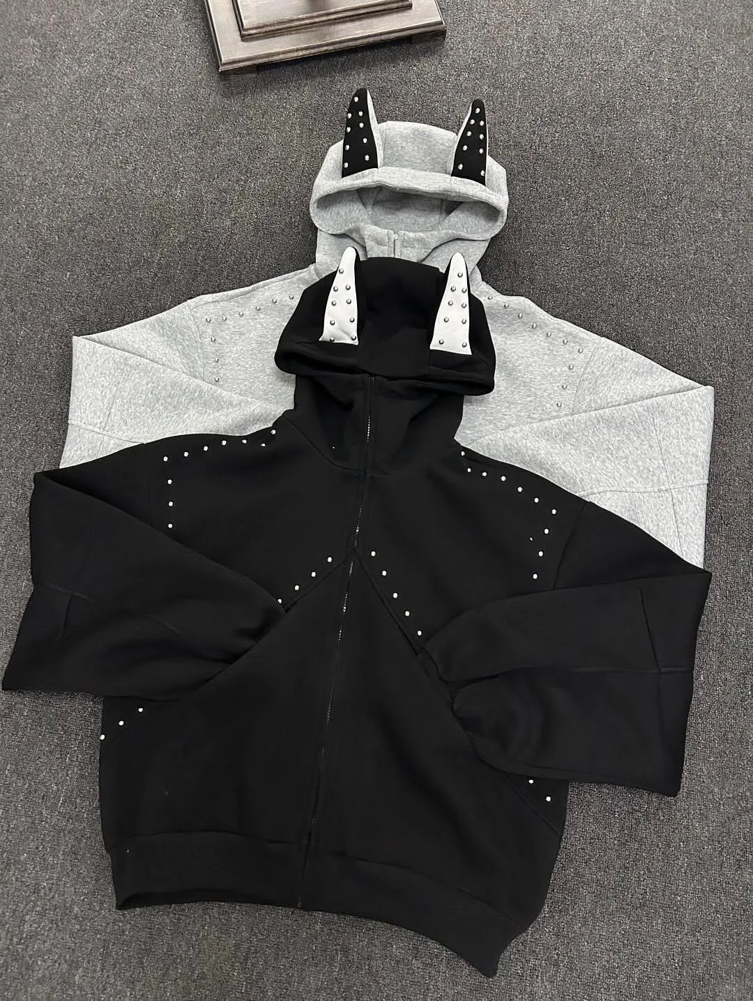 Gothic Punk Studded Animal Ear Hoodie-Asymmetric Patchwork Unisex Streetwear Couple Matching Jacket Goth Grunge Aesthetic Coat