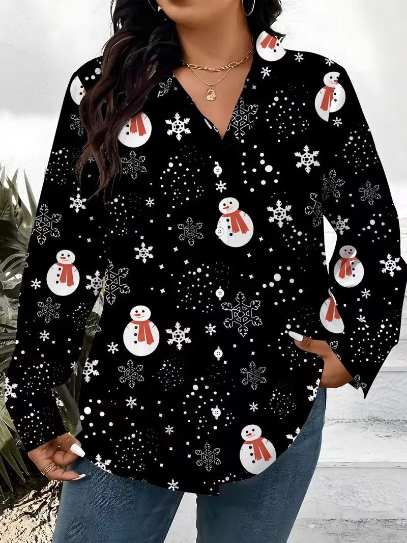 Spring Women's Button Shirt Fashion Christmas Snowman Gradient Lapel Blouses Long Sleeve Office Womens Casual Printed Loose Tops