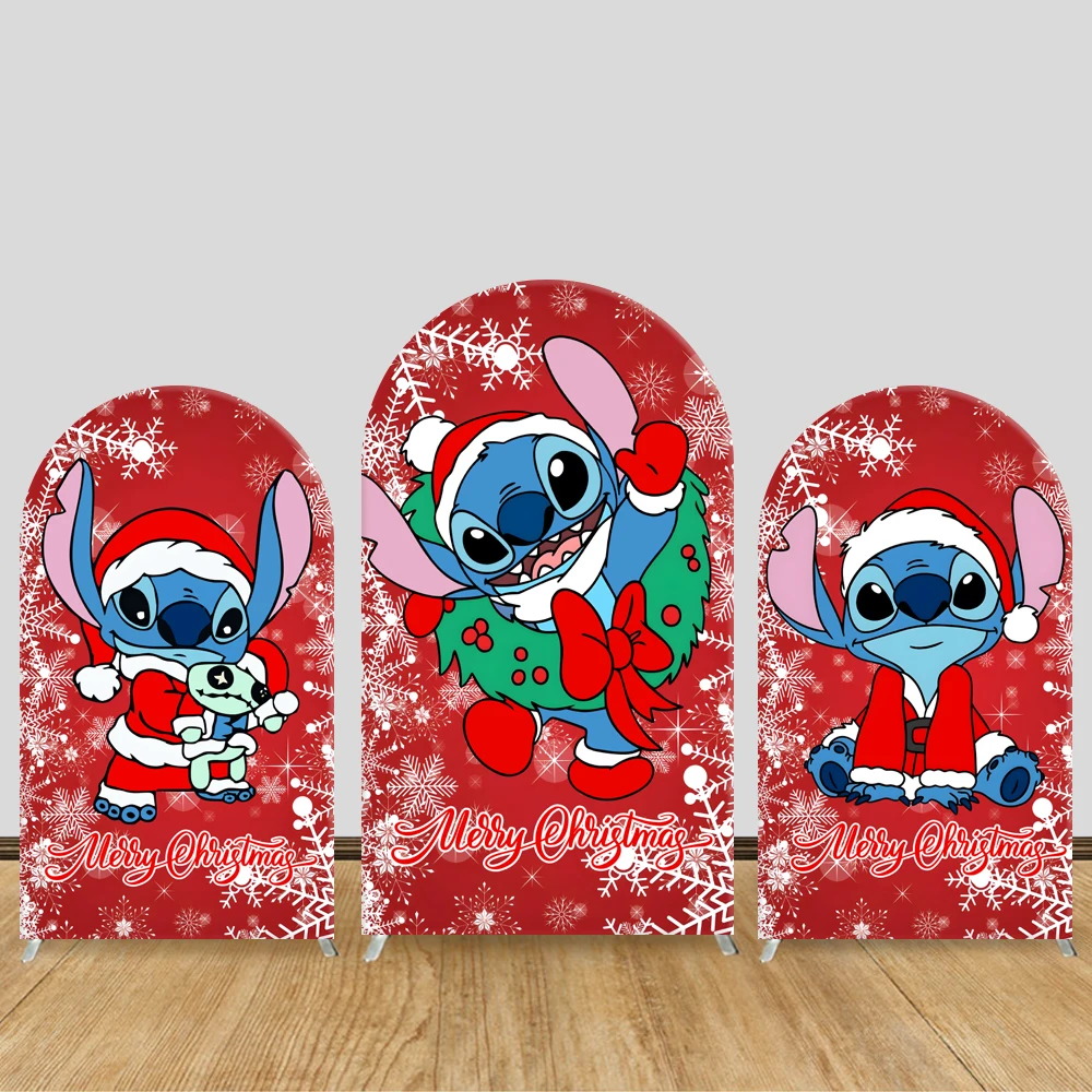 

Christmas Stitch Arch Backdrop Cover Disney Cartoon Red Christmas Hat Festival Kids Party Babyshower Decoration Photo Background