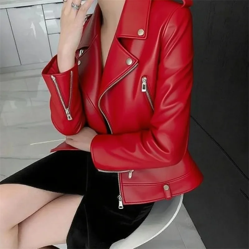 Spring Autumn New PU Leather Jacket Women Turn Down Collar Short Coat Zipper Long Sleeve Jackets Chic Streetwear Motorcycle Tops